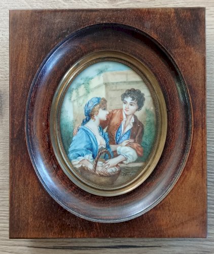 Ancien Cadre portrait Peinture Miniature Marchande Oeuf 18 Ème Siècle F. Boucher