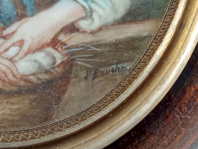Ancien Cadre portrait Peinture Miniature Marchande Oeuf 18 Ème Siècle F. Boucher
