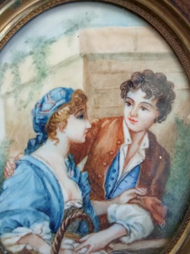 Ancien Cadre portrait Peinture Miniature Marchande Oeuf 18 Ème Siècle F. Boucher