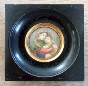 Ancien Cadre portrait Peinture Miniature Vierge À L Enfant 19 Ème Siècle