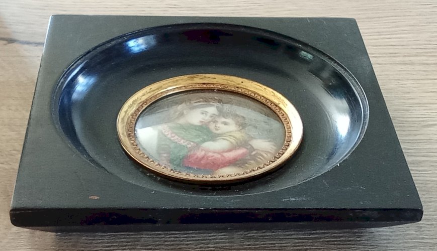 Ancien Cadre portrait Peinture Miniature Vierge À L Enfant 19 Ème Siècle