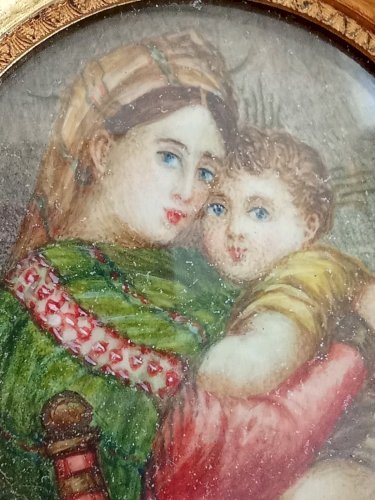 Ancien Cadre portrait Peinture Miniature Vierge À L Enfant 19 Ème Siècle
