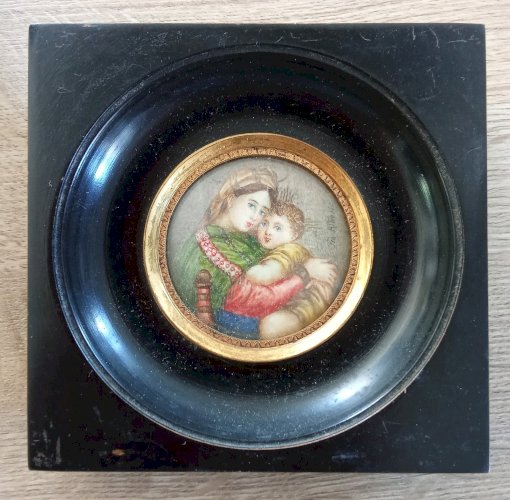 Ancien Cadre portrait Peinture Miniature Vierge À L Enfant 19 Ème Siècle