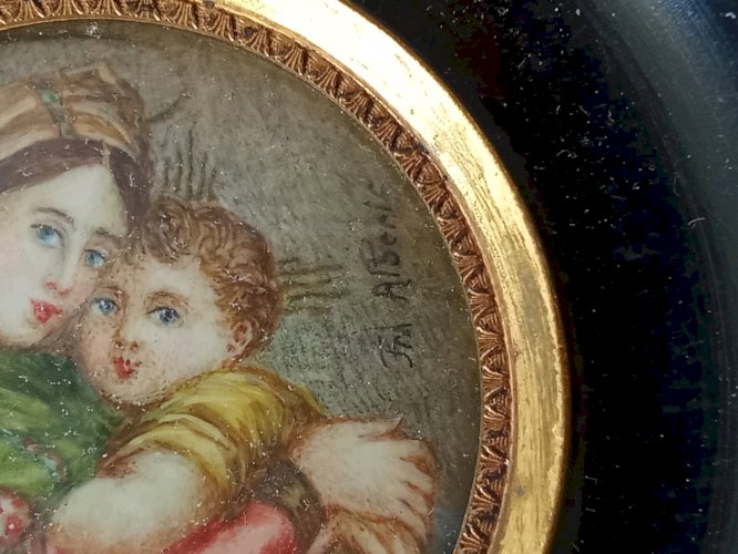 Ancien Cadre portrait Peinture Miniature Vierge À L Enfant 19 Ème Siècle
