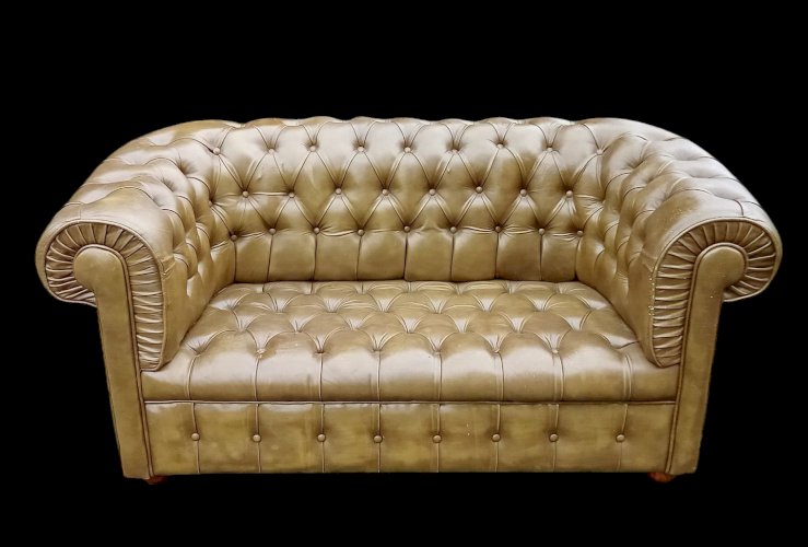 Ancien Canapé Anglais Capitonné Chesterfield 2 Places Cuir Vert 