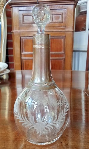 Ancien Carafon Petite Carafe Verre  Et Métal Argenté old  Decanter Décor Gravé