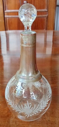 Ancien Carafon Petite Carafe Verre  Et Métal Argenté old  Decanter Décor Gravé