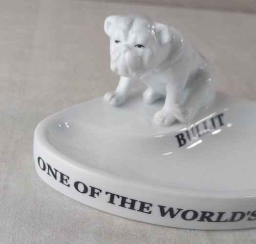 Ancien cendrier publicitaire en porcelaine, décor bulldog, Whisky Bullit