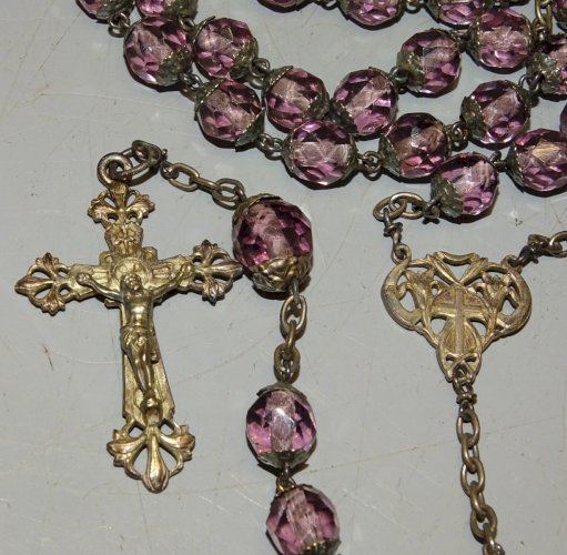 -ANCIEN CHAPELET CROIX EN ARGENT Poinçon Tête Sanglier et Orfèvre perles Verre D