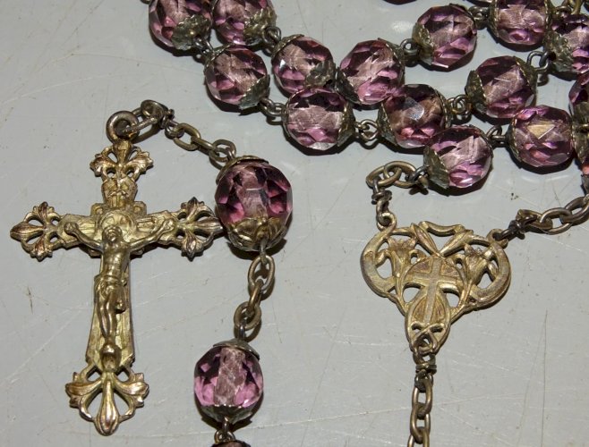 -ANCIEN CHAPELET CROIX EN ARGENT Poinçon Tête Sanglier et Orfèvre perles Verre D