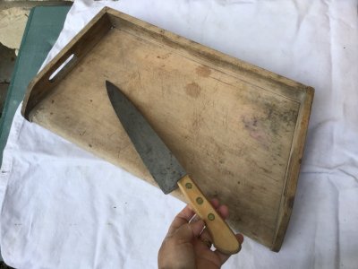 Ancien couteau de cuisine boucher vintage  manche en bois riveté 32 cm