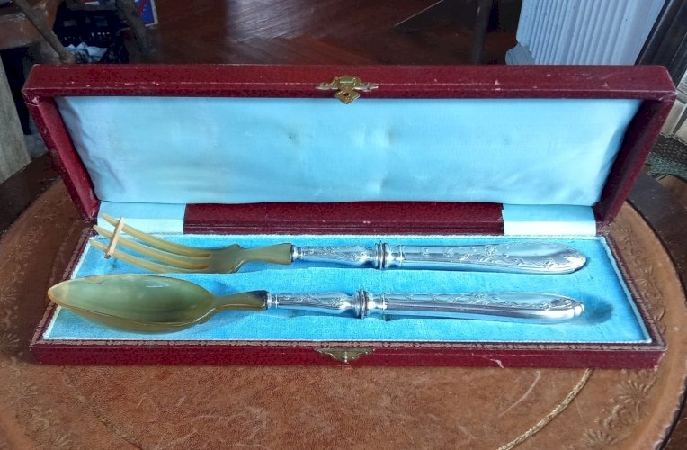 Ancien Couvert À Salade Couvert De Service Métal Argenté Corne Art De La Table