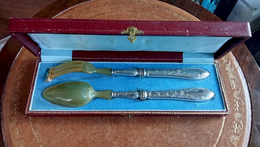 Ancien Couvert À Salade Couvert De Service Métal Argenté Corne Art De La Table