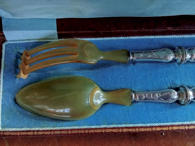 Ancien Couvert À Salade Couvert De Service Métal Argenté Corne Art De La Table