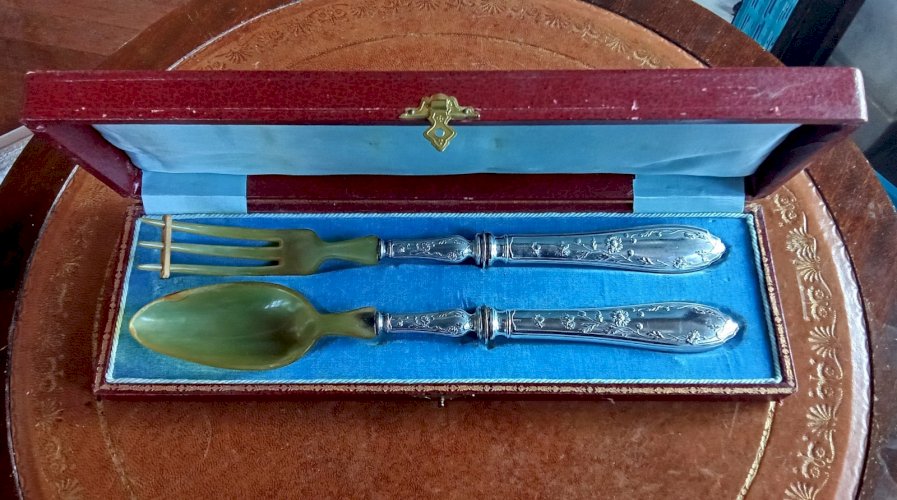 Ancien Couvert À Salade Couvert De Service Métal Argenté Corne Art De La Table