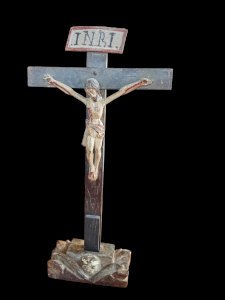 Antique Crucifix Jesus Christ Polychrome Wood 19th Century Devotional Object