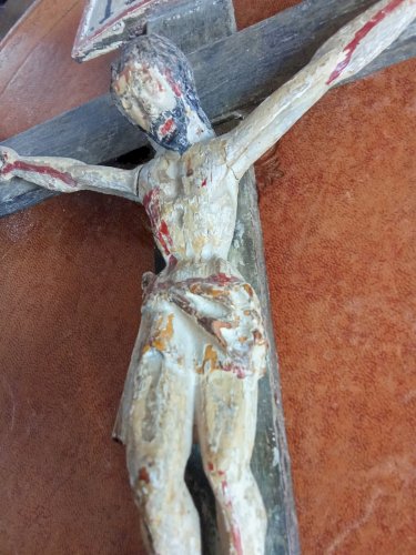 Ancien Crucifix Jésus Christ Bois Polychrome 19 Ème Siècle Objet Dévotion