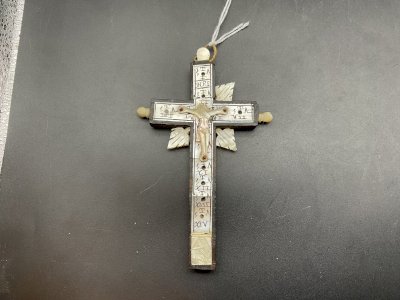 Ancient Crucifix Reliquary Holy Land Wood and Mother of Pearl Stations of the Cross 19th century