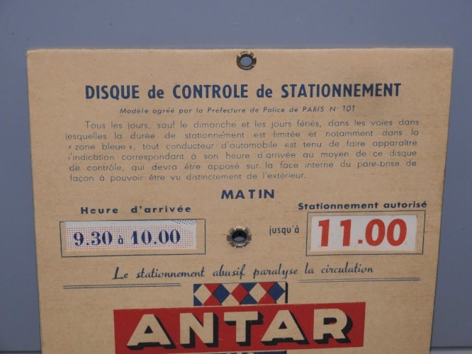 -ANCIEN DISQUE CONTRÔLE de STATIONNEMENT PUBLICITE PUB ANTAR COLLECTION   D