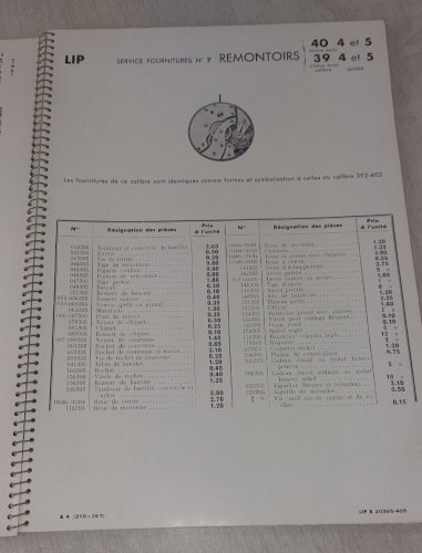 Ancien document technique, catalogue fournitures de montres Lip et Sam, 1936