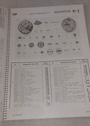 Ancien document technique, catalogue fournitures de montres Lip et Sam, 1936