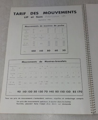Ancien document technique, catalogue fournitures de montres Lip et Sam, 1936