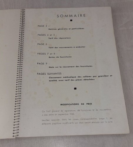 Ancien document technique, catalogue fournitures de montres Lip et Sam, 1936