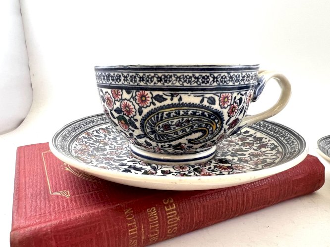 Ancien duo tasses & soucoupes GIEN décor Cachemire Bothee – Faïence France