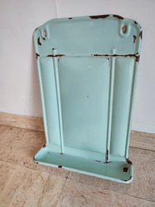 Old enamelled tin drainer in green-blue color in fair condition.