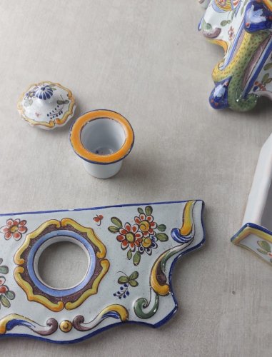 Ancien encrier à tiroir, en céramique, Rouen