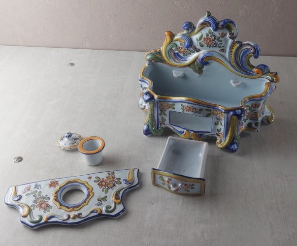 Ancien encrier à tiroir, en céramique, Rouen