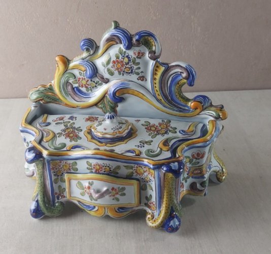 Ancien encrier à tiroir, en céramique, Rouen