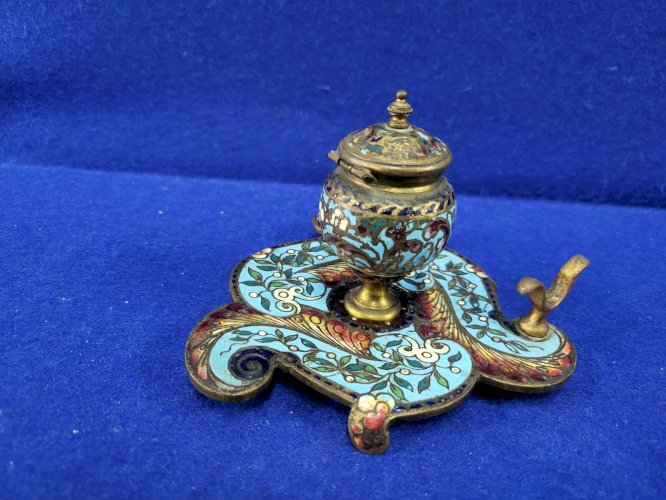 ANCIEN ENCRIER EN CLOISONNE BLEU