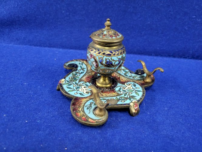 ANCIEN ENCRIER EN CLOISONNE BLEU