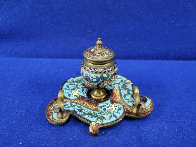 ANCIEN ENCRIER EN CLOISONNE BLEU