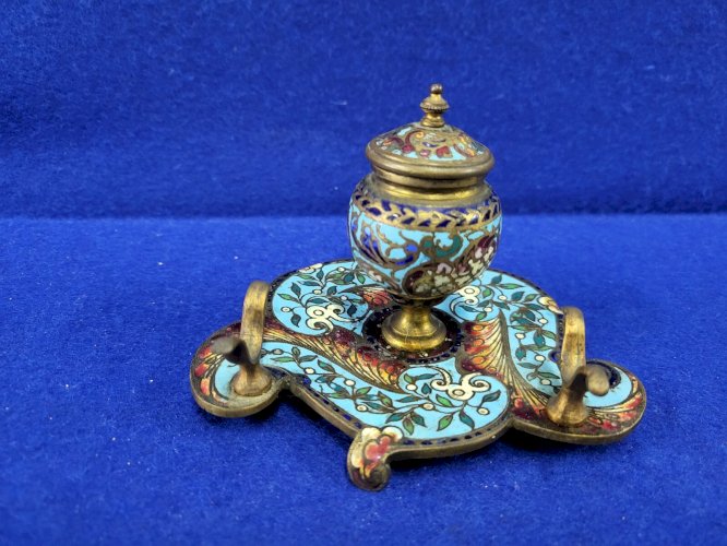ANCIEN ENCRIER EN CLOISONNE BLEU