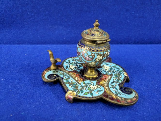 ANCIEN ENCRIER EN CLOISONNE BLEU