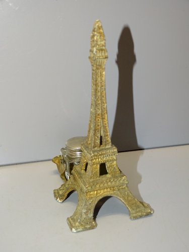 -ANCIEN ENCRIER VERRE SUPPORT TOUR EIFFEL REGULE Doré COLLECTION SOUVENIR   D