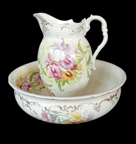 Ancien Ensemble de toilette Broc Vasque Décor Fleurs Royal Bonn Franz Mehlem