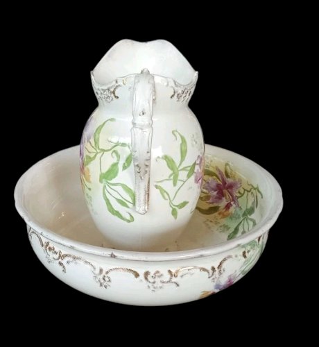 Ancien Ensemble de toilette Broc Vasque Décor Fleurs Royal Bonn Franz Mehlem