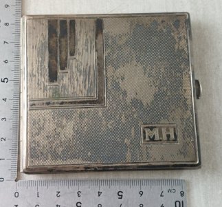 Vintage cigarette case, monogram design, in silver.