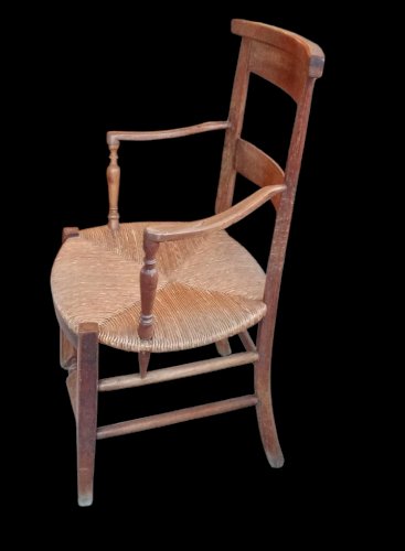 Ancien fauteuil bois rustique paillé  provencal 19 Ème antique Wooden armchair