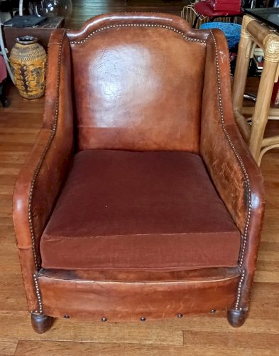Ancien Fauteuil  De cabinet de bureau De Bibliothèque De Lecture Cuir Clou