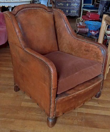 Ancien Fauteuil  De cabinet de bureau De Bibliothèque De Lecture Cuir Clou