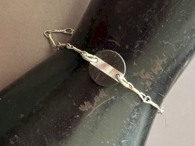 Ancien Fin Bracelet Vers 1970 Bois Marqueterie Nacre Vintage Métal, Argenté