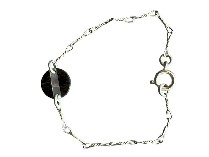 Ancien Fin Bracelet Vers 1970 Bois Marqueterie Nacre Vintage Métal, Argenté