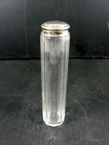 Ancien Flacon Cristal Taillé Facetté Bouchon Métal Argenté H - 16,5 cm 