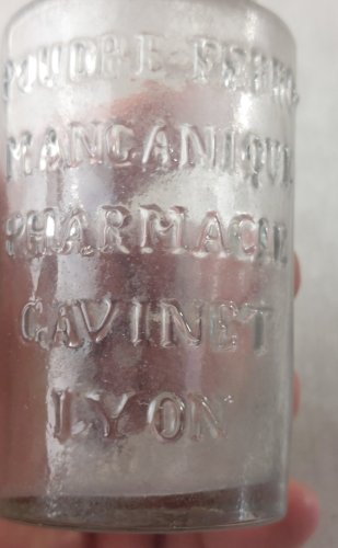 Ancien flacon d'apothicaire, Poudre Ferro-manganique, Pharmacie Cavinet Lyon