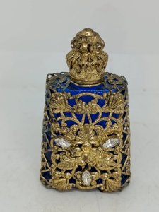 old golden metal bottle and blue glass Czech origin? in good condition