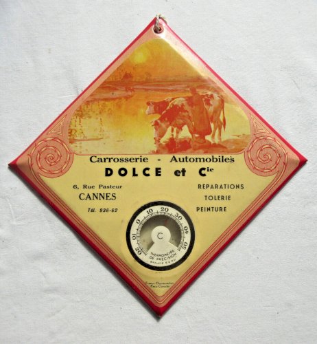 Ancien glaçoïde publicitaire Art Déco avec thermomètre, Carrosserie Dolce CANNES